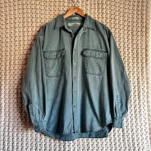 SOLD | Vtg Anchor Blue washed out faded teal color denim button down shirt - Picture 2 of 7